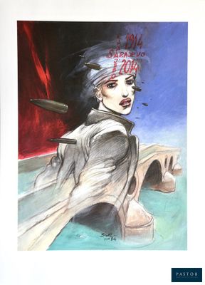 un tableau représentant une femme tenant un pistolet à la main