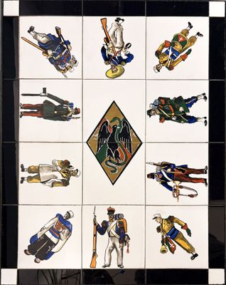 Table en fer forgé, plateau en carreaux de céramique figuran…