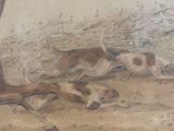 a painting of a man riding a horse with two dogs