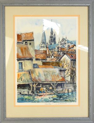 Aquarelle encadrée représentant une vue d'une ville avec une église en arrière-plan