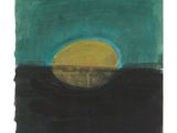 a painting of a green and yellow sun over a black field