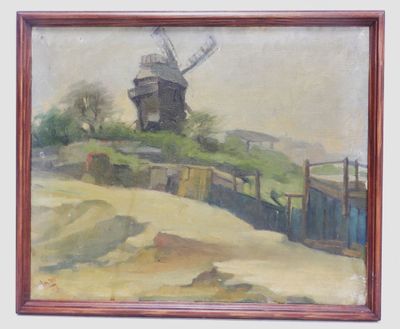 an oil painting of a windmill on a hill with a fence
