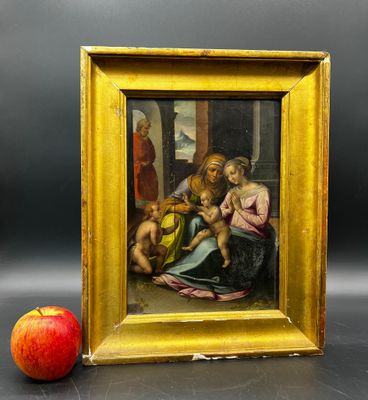 une image représentant un tableau où l'on voit une femme tenant un bébé et une pomme