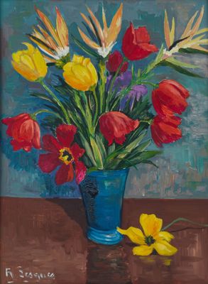 a painting of flowers in a blue vase on a table