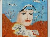 an image of a painting of a woman and a dog in the desert