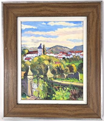 une peinture représentant une vue d'une ville depuis une colline