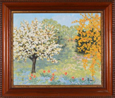 une peinture à l'huile représentant un arbre et des fleurs dans un champ