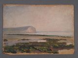 an oil painting of a landscape with a mountain in the distance