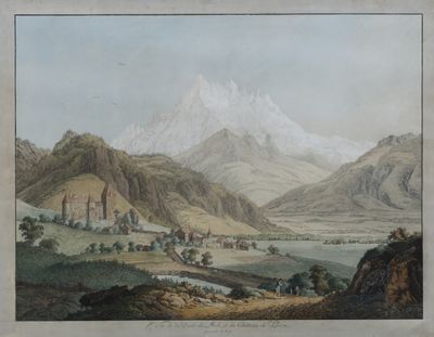 painting of a view of a mountain range with a village in the foreground