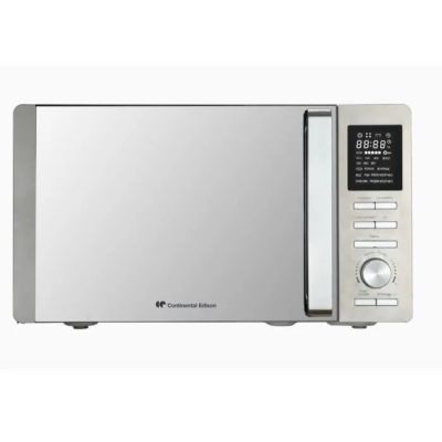 the microwave is silver and has a digital clock on the side