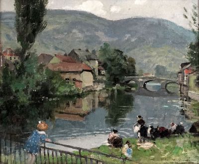 un tableau représentant des personnes assises au bord d'une rivière