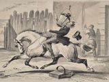 un dessin représentant un homme à cheval dans la rue