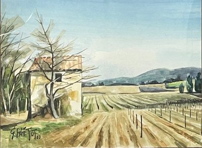 a painting of a farm with a barn in the background