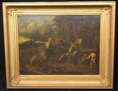 une peinture à l'huile représentant un groupe de personnes dans un cadre boisé