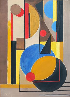peinture représentant une composition géométrique composée de cercles et de lignes