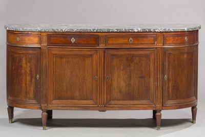 an antique wooden sideboard with marble top and two drawers