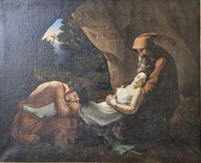 un vieux tableau représentant un homme tenant un bébé dans ses bras, à côté d'une femme