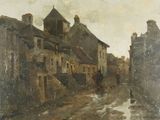 painting of a street scene with buildings and a horse drawn carriage