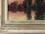 painting of a sunset over a lake with trees in the foreground