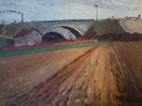 a painting of a bridge over a plowed field