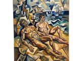 un tableau représentant deux hommes assis sur une plage, avec un voilier en arrière-plan