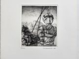 un dessin en noir et blanc représentant un homme à cheval dans un champ