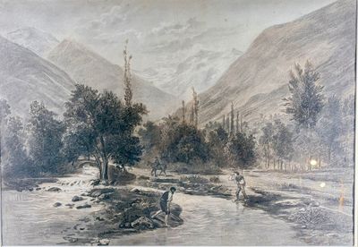 a painting of a man and a woman fishing in a river
