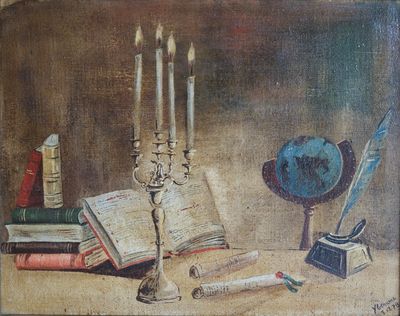 une peinture représentant une nature morte avec des livres et un candélabre