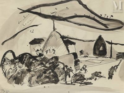 drawing of a black and white drawing of a mountain and a house