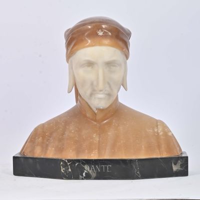 marble bust of a man with a hat on a marble base