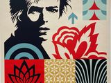 a poster with a picture of a man with a flower on it