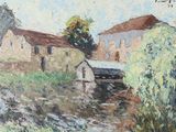 une image représentant un tableau où l'on voit une maison et une rivière