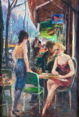 une peinture à l'huile représentant deux femmes assises à une table dans un café