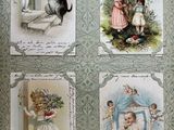 several cards with pictures of children and cats on them on a table