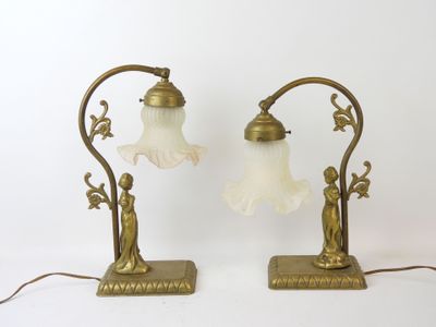 pair of antique brass table lamps with frosted glass lampshads