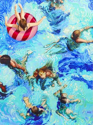 painting of a group of people floating in a pool with a life preserver