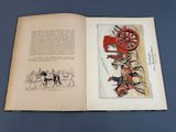 an open book with a drawing of a man on a horse drawn carriage