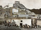 painting of a group of people riding horses in front of a town