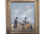 an oil painting of a group of people and a dog on a beach