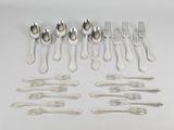 many forks and spoons laid out on the table