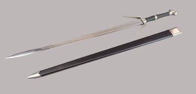 a sword and a pencil on a gray background