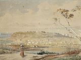 un tableau représentant une femme marchant sur un chemin de terre