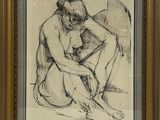 dessin représentant une femme nue assise par terre, dans un cadre doré