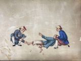 painting of three men sitting on the ground, one of which is holding a baby