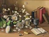 a painting of a vase of flowers and a book on a table