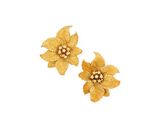a pair of gold flower earrings on a white background