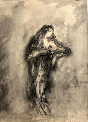dessin représentant une femme en robe longue, les mains sur la tête