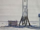 a painting of a water tower in the middle of the snow