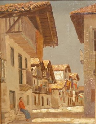 painting of a street scene with a person sitting on a bench