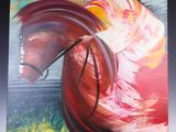 painting of a woman riding a horse in a colorful dress